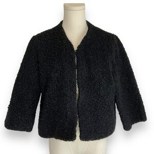 Vintage 50s Jacket Bouclé Black Persian Lambs Wool Crop Bolero Poodle Medium‎